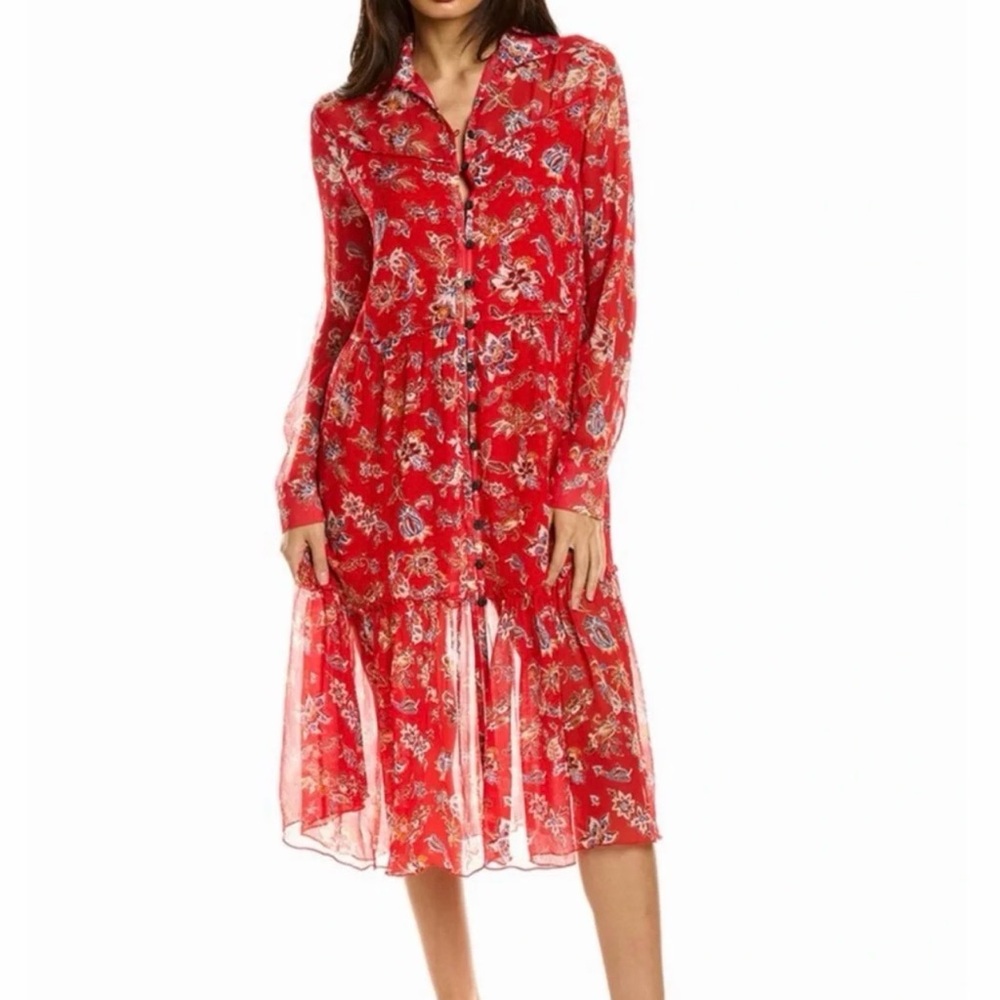 Rag and Bone Floral Button-Front Midi Dress - Red